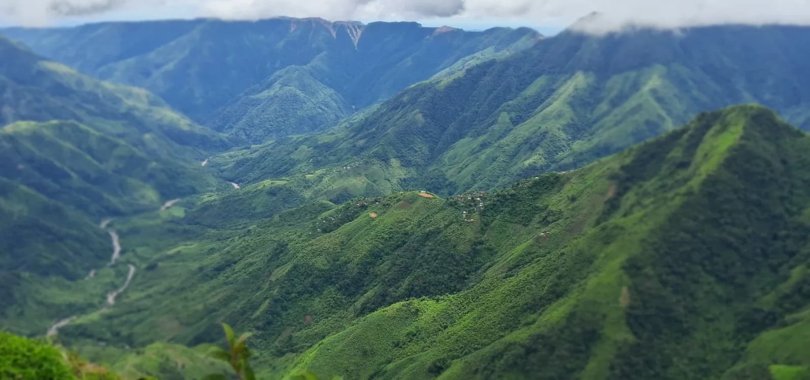 Bright green folds of the Khasi Hills descending towards a valley river